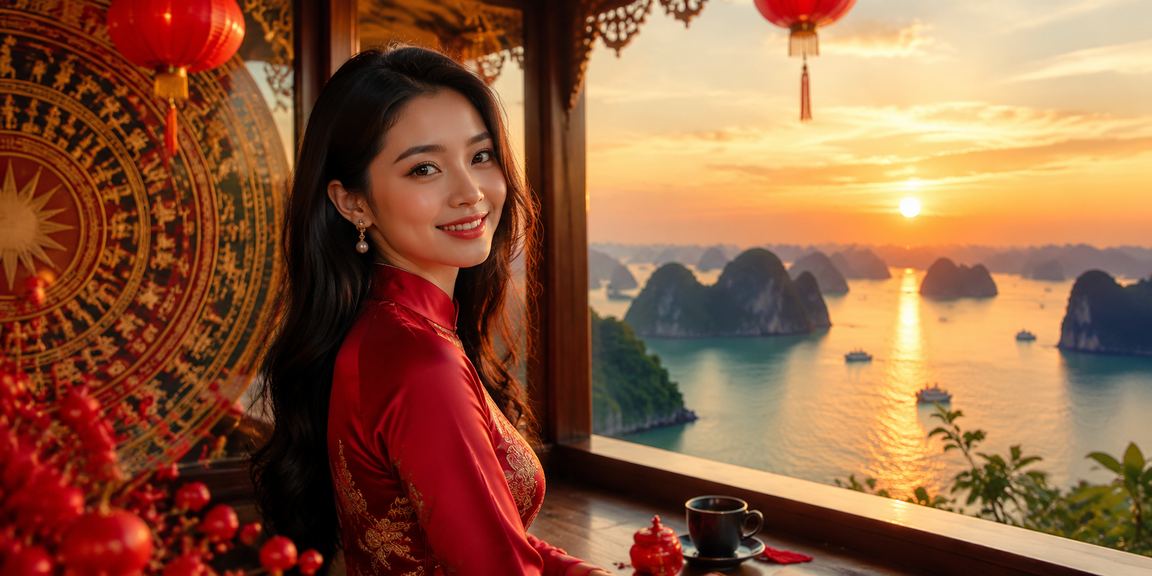 Vịnh Hạ Long nhìn từ xa với không khí buổi sáng bên tách cà phê và điện thoại xem kết quả bóng đá