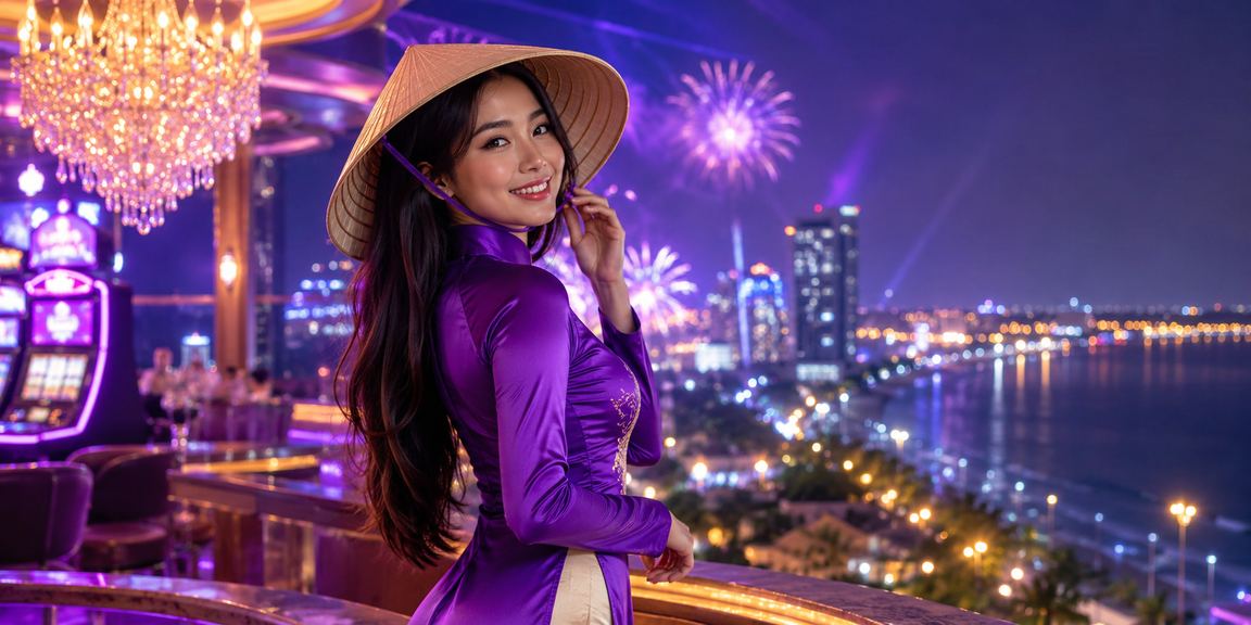 Người phụ nữ đội nón lá tại Vũng Tàu trải nghiệm slot game trên điện thoại